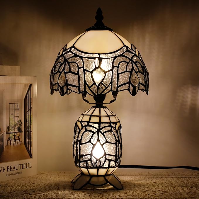 Small Tiffany Lamp Stained Glass Table Lamp Mini Mother Daughter Vase Desk Accent Light for Bedroom Bedside Reading Home Antique Style Decor 8X14 Inches (White)