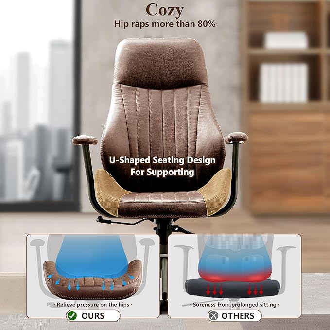 Mid Century Modren Office Chair - Fuax Leather Suede Brown Executive Chairs Ergonomic Mid Back with Lumbar Support, Swivel Computer Desk Task Chair with Wheels for Home Office (Dark Brown, Hign Back)