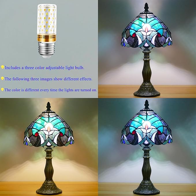 Small Tiffany Lamp Mini Stained Glass Table Lamp Bedside Accent Lamp Memory Sympathy 8X14.5 Inch (Green Liaison Style)