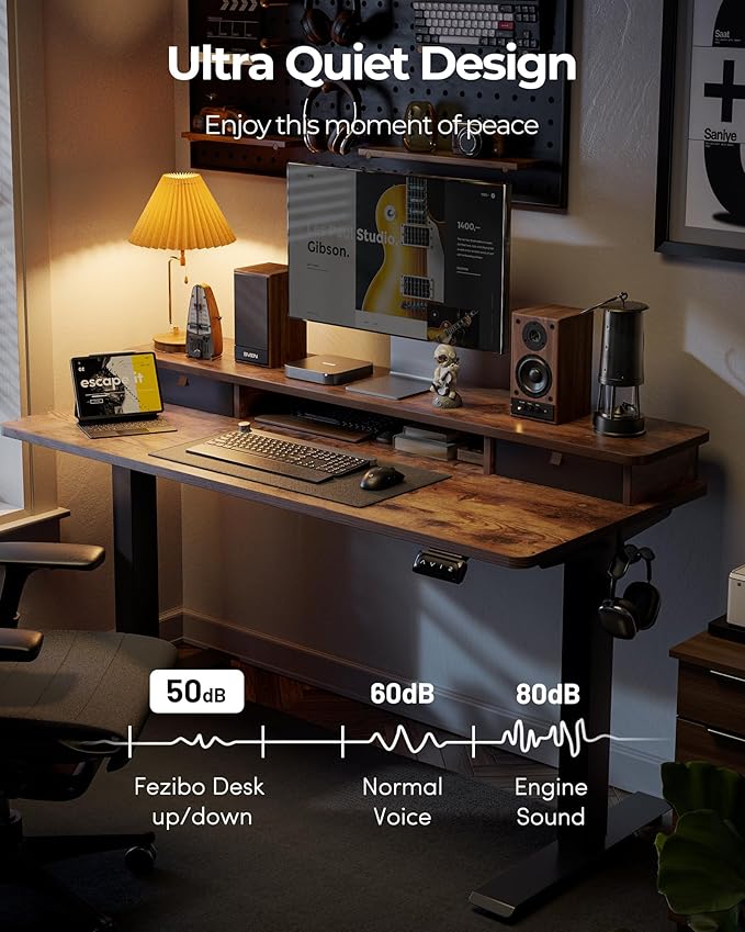 FEZIBO 60 x 24 Inch Height Adjustable Electric Standing Desk with Double Drawer,Computer Desk, Home Office Stand Up Table with 4 Height-Adjustable Feets & 2 Hooks, Rustic Brown