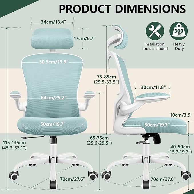 FelixKing Ergonomic Office Chair with Adjustable High Back, Breathable Mesh, Lumbar Support, Flip-up Armrests, Executive Rolling Swivel Comfy Task Computer Chair for Home Office (Light Blue)
