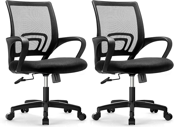 Office Chair with Ergonomic Mid Back Cushion Lumbar Support Adjustable Swivel Rolling Computer Gaming Desk Chair Comfy Mesh Seat Wheels Home Executive Use (2 Pack, Black)