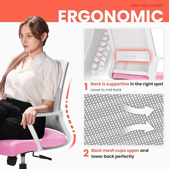 NEO CHAIR Office Chair Gaming Desk Computer Chair Ergonomic Mesh Mid Back with Wheels Lumbar Support Comfy Swivel Adjustable for Home (Pink)