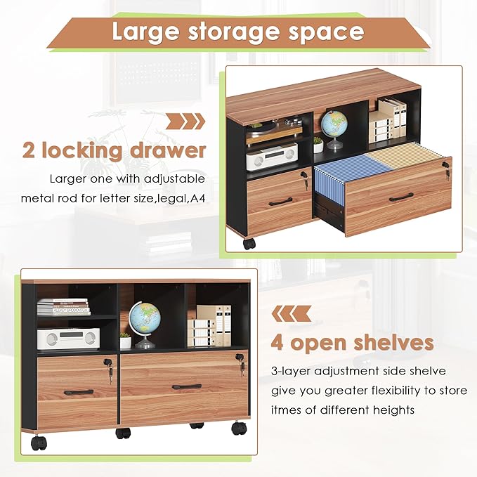 Semoic 2 Drawer File Cabinet for Home Office, Lockable Rolling Filing Cabinet with Adjustable Shelves, Wood Lateral File Cabinet with Lock, Printer Stand Office Storage Cabinet, Rustic Brown & Black