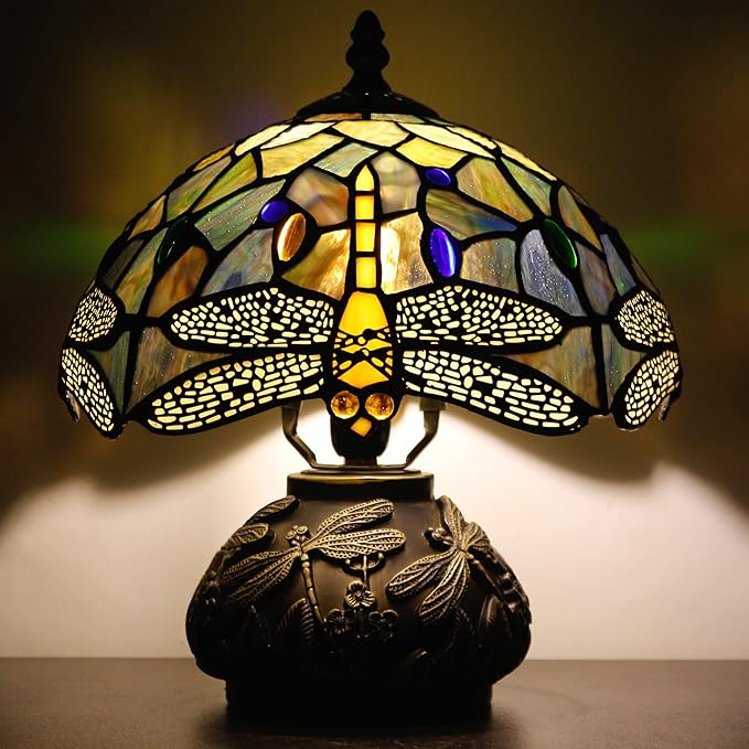 Small Tiffany Table Lamp Brown Dragonfly Style Stained Glass Desk Lamp 10X11.5 Inch Mushroom Table Light for Office Home Living Room Bedroom