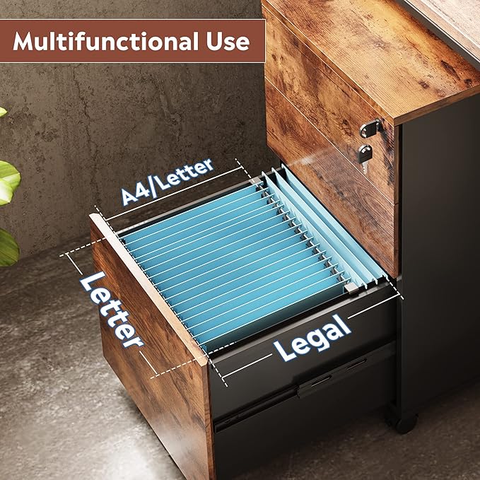 DEVAISE 3 Drawer Rolling File Cabinet with Lock, Wood Under Desk Filing Cabinet fits Letter/Legal/A4 Size for Home Office, Rustic Brown