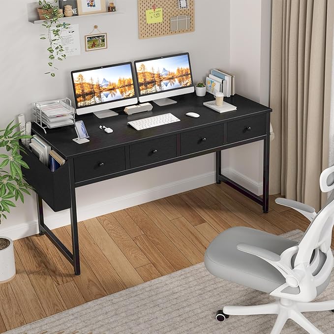 Lufeiya Black Computer Desk with Fabric Drawers for Home Office Bedroom, 47 Inch Vanity Desk with Drawer Storage and Side Pouch, Study Writing Table, Black