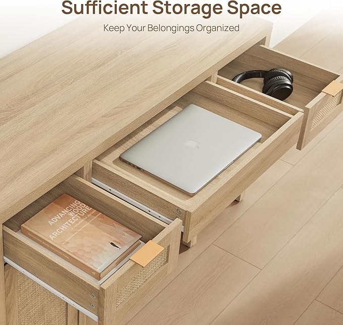 SICOTAS Rattan Executive Desk with Storage - 52" Large Home Office Desk with 3 Drawers and 2 Cabinets, Farmhouse Boho Computer Table Vanity Desk for Study, Office, Living Room, Light Oak