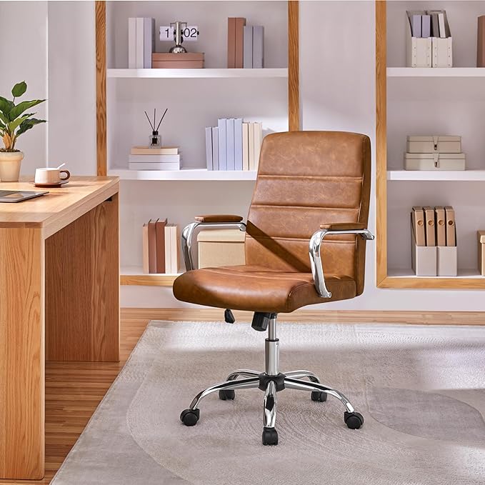 Yaheetech Mid-Back Office Chair with Arms Swivel PU Leather Height Adjustable Office Executive Chair, Retro Brown