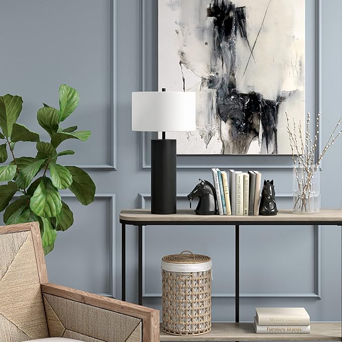 Henn&Hart 29.5'' Mid-Century Modern 1-Light Table Lamp with White Fabric Drum Shade for Living Room, Bedroom, or Office, Blackened Bronze