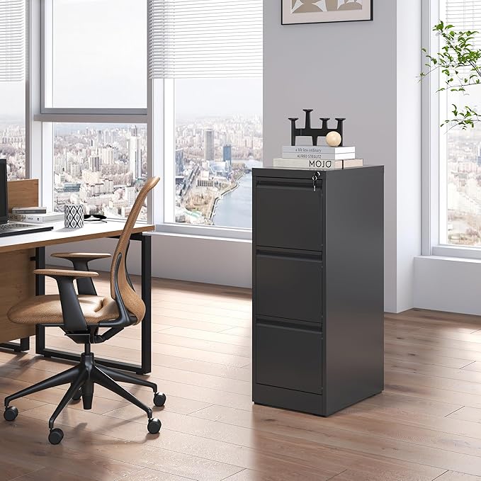 3 Drawer File Cabinet with Lock, Metal Vertical Filing Cabinets for Home Office, Steel Storage Cabinet for Hanging Legal/Letter Size Files, Assembly Required (Black)