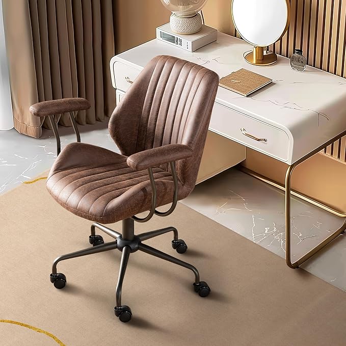 Mid Century Modren Office Chair,High Back Ergonomic Executive Chair with Lumbar Support, Computer Desk Swivel Task Chair with Wheels, Faux Lether Suede Fabric Home Chair (Dark Brown, Mid Back)