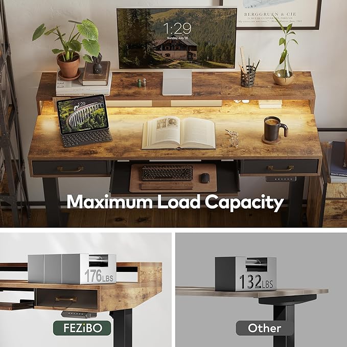 FEZIBO 48 x 24 Inch Height Adjustable Electric Standing Desk with Double Drawers&Keyboard Tray, Stand Up Desk with LED Strips&Monitor Stand,Rustic Brown Top