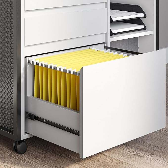 BELLEZE 3-Drawer Mobile File Cabinet Desk with Ultra-Fast USB Type A/C Outlet, Rolling Printer Stand with 2-Tier Open Shelves, Lateral Filing Cabinet for Home Office (Rider Desk - White)