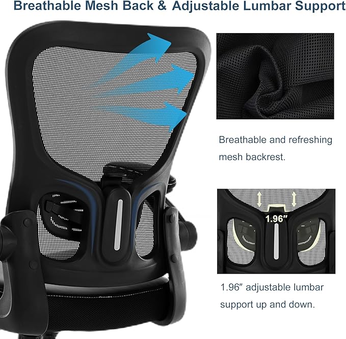 Ergonomic Office Chair with Lumbar Support, Adjustable PU Leather Computer Chair, Executive Desk Chair with Flip-up Arms, Breathable Mesh Back, Swivel Rolling Task Chair for Home Office Black