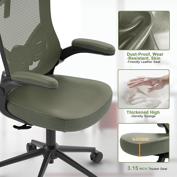 Home Office Chair, Ergonomic Comfy Desk Chair, High Back Computer Chair- Adjustable Headrest with Flip-Up Arms, Lumbar Support, Swivel Executive Task Chair (Hunter Green, Modern)