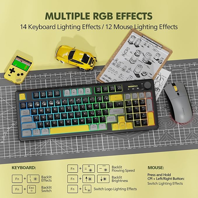 Wireless Keyboard and Mouse Combo Creamy with Number Pad for Desktop Mac iPad Bluetooth/2.4ghz/Wired Rechargeable Light up RGB Quiet Compatible with PC Laptop Tablet (Black)