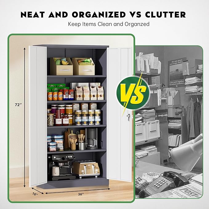 Greenvelly Metal Garage Storage Cabinet, Tall Locking Storage Cabinet with 2 Doors and 4 Adjustable Shelves, Steel Tool Cabinet, Lockable Filling Cabinet for Home, Office, Garage, School (Gray White)