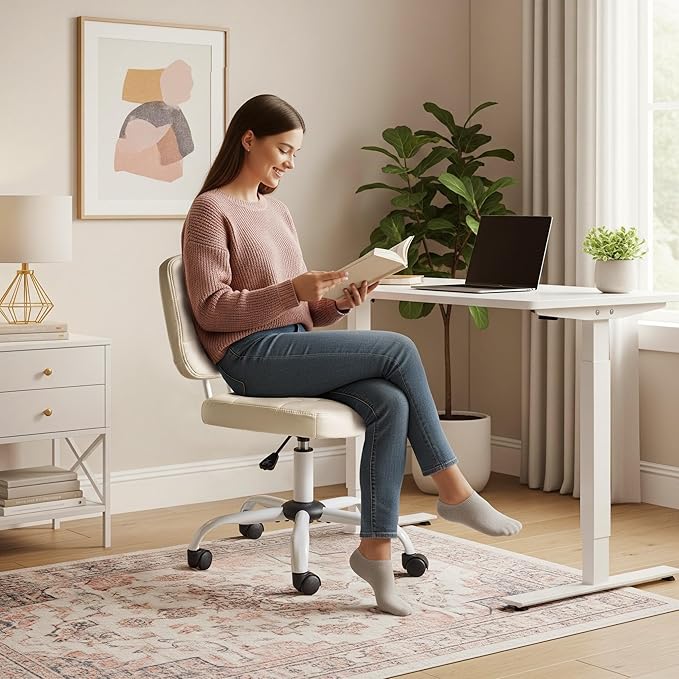 VINGLI Compact Small Desk Chair, Cute Armless Chair with Wheels, Vanity Chair with Low Back, Height Adjustable Task Chair for Small Spaces, Office, Bedroom, Make Up Room, PU Leather, White