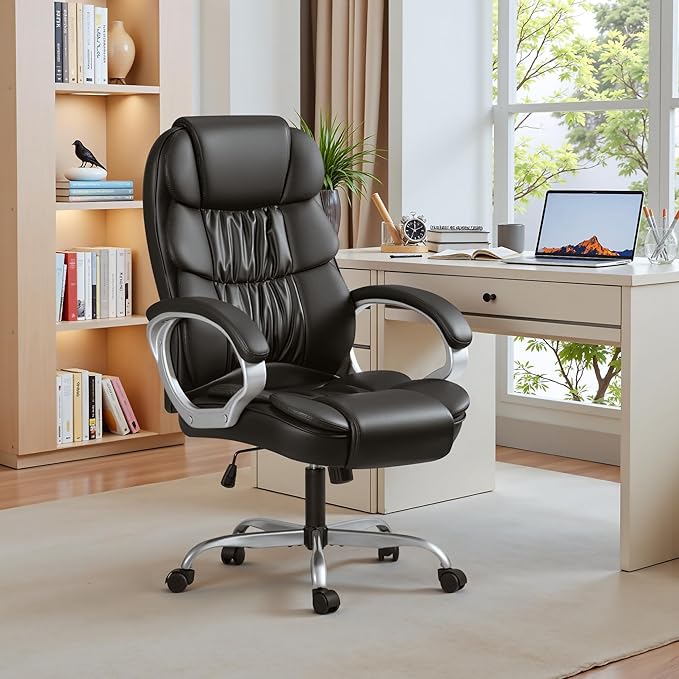 Homall Office Chair High Back Computer Desk Chair, PU Leather Adjustable Height Modern Executive Swivel Task Chair with Padded Armrests and Lumbar Support (Black)