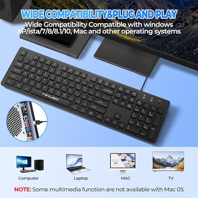 Wired Computer Keyboard Character anti fading,Corded Low-Profile, 12 Multimedia Hotkeys,1.6m Cable USB Interface Plug and Play Suitable for Computers, Laptop and PC,Full-Size,Number Pad, Office