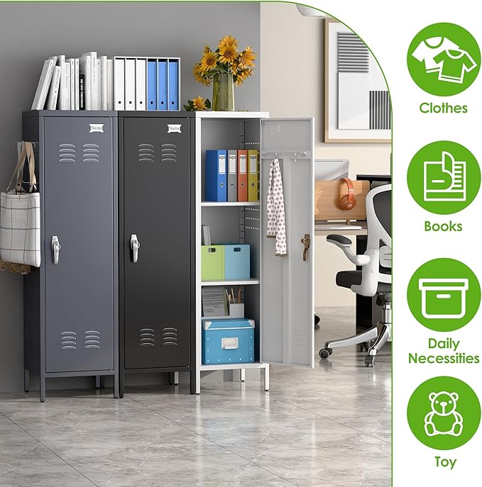 Metal Lockers for Employees with Handle,Metal Storage Locker with 2 Pegboard & 5 Hooks for Gym, School, Office,Home,Garage,White