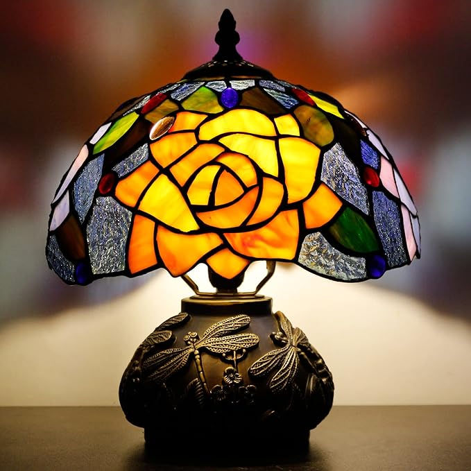 Small Tiffany Table Lamp Yellow Purple Rose Style Stained Glass Desk Lamp 10X11.5 Inch Mushroom Table Light for Office Home Living Room Bedroom