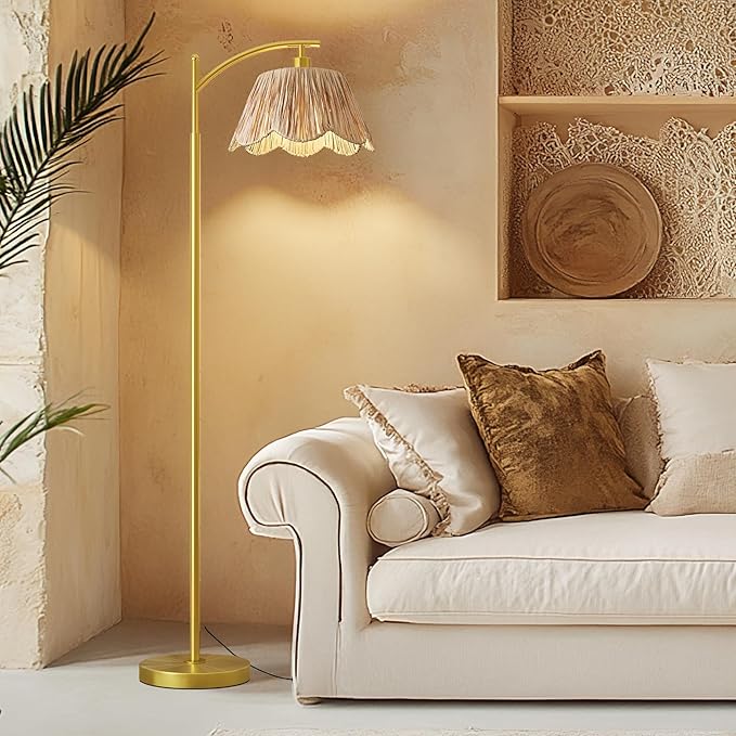 Oneach Arc Floor Lamp for Living Room,Rattan Boho Floor Lamp with Hand-Woven Shade, Foot Switch,Gold Metal Base & Pole,Farmhouse Standing Lamp for Bedroom Corner,Reading