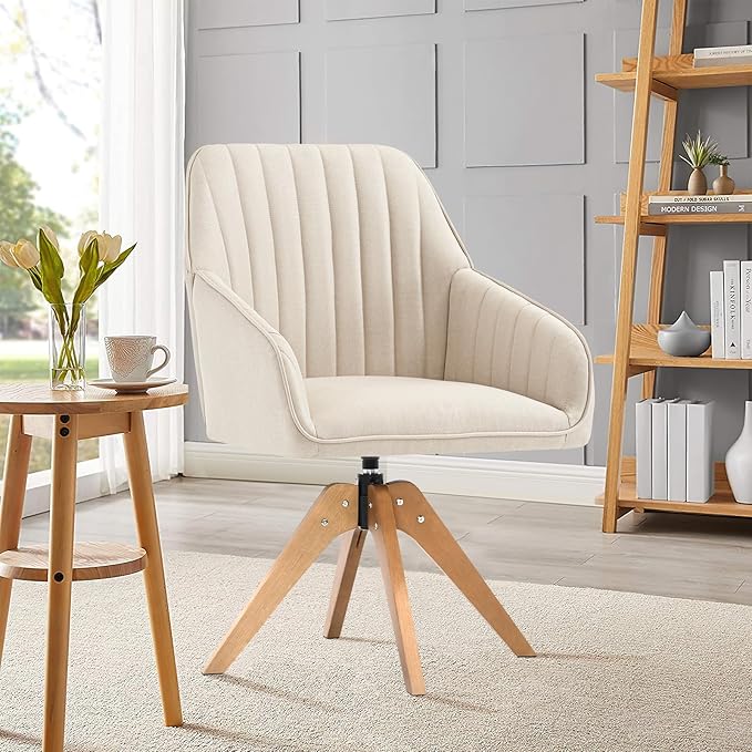 Furniliving Mid Century Modern Swivel Accent Chair for Living Room Set of 2, Wood Desk Chair with Arms Mid Back Arm Chairs Upholstered Vanity Chair No Wheels for Home Office/Bedroom, Faux Linen Beige