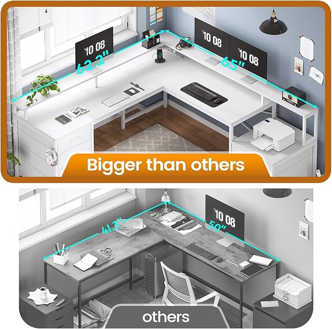 SEDETA L Shaped Desk with 6 Drawer, 108" Home Office Desk with File Drawer & Power Outlet, Corner Computer Desk with Monitor Shelf, File Cabinet, Two Person Desk, Gaming Desk with Led Lights, White