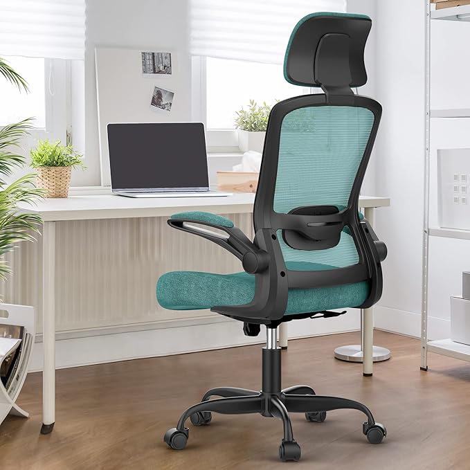 Ergonomic Office Chair for Long Hours & Back Pain Relief – Adjustable Lumbar Support & Headrest, High-Density Foam Cushion, Flip-Up Armrests, Perfect for Work & Study, Green