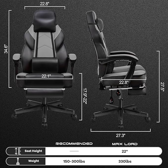 Meilocar Gaming Chair for Adult, Computer Chair with Footrest Video Game Chair Big and Tall Gaming Chair with Massage Lumbar Support, 360° Swivel Seat and Height Adjustable(Grey)