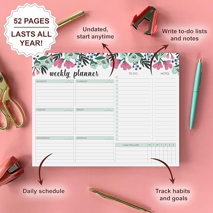 Weekly Planner Pad, 52 Letter Size Tear Off Sheets, 8.5” x 11” Undated Calendar Weekly Desk Planner Notepad, Daily Schedule Priorities To Do List for Week (Style 1)