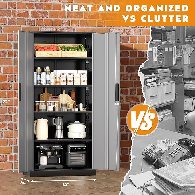 Greenvelly Metal Storage Cabinet, Locking Steel Garage Cabinets with Doors and Adjustable Shelves, Metal Tool Cabinets for Garage,Home Office,School (Black Grey)