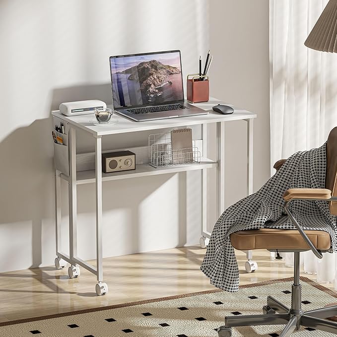 HOMCOM Small Folding Desk, Rolling Computer Desk Foldable with Storage Bag and Shelf, 31.5" Portable Writing Table on Wheels for Small Spaces, Home Office, Study, Easy Assembly, White