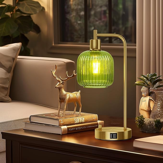QiMH Industrial Table Lamp for Bedroom Set of 2, Green Glass Beside Lamp with USB A&C Ports, Stepless Dimmable Gold Lamps, Nightstand Lamps for Living Room, Office, Home Decor(Bulb Included)