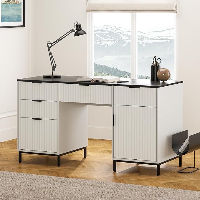 Modern Fluted Executive Desk with File Drawer, 55" Large Computer Desk with Storage and Charging Station, Wooden Home Office Desk for Workspace, Writing, Study, Black/White