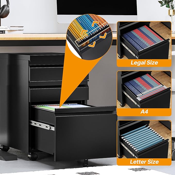 STANI 25" H 3 Drawer Mobile File Cabinet with Lock, Under Desk Metal Filing Cabinet, Locking Office Mobile Cabinet with Wheels, Letters/Legal/A4(Assembly Required Black)