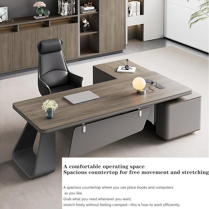 L Shaped Executive Desk, 94.5 inch Large Executive Computer Desk Set Drawers and Lockable, Power Socket and USB Port Storage, Without Display Racks and Bookshelves