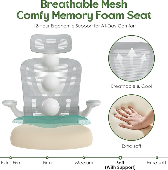 Office Chair Ergonomic Desk Chair - Mesh High Back Office Chair with Headrest Wheels Lumbar Support Home Desk Office Chairs Flip up Armrest Executive Rolling Swivel Task Computer Chair White