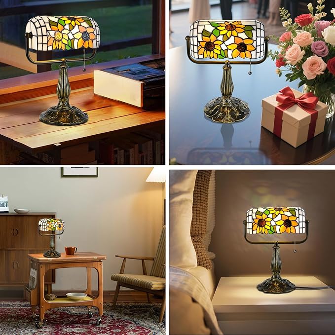 Tiffany Bankers Desk Lamp,Sunflower Stained Glass Piano Light with LED Bulb, Vintage Tiffany Style Desk Lamp for Office, Study, or Joyful Home Décor.