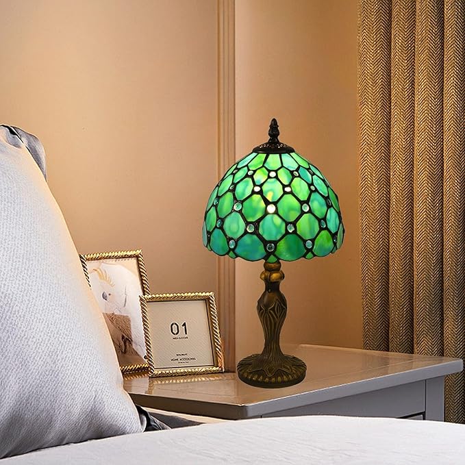 Tiffany Style Small Table Lamp,Green Beads Stained Glass 3 Color Temperature Antique Table Lamps,Bedside Nightstand Lamp for Bedroom,Living Room,Home Office, Include LED Bulb,8X8X15Inch