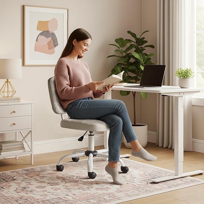 VINGLI Compact Small Desk Chair, Cute Armless Chair with Wheels, Vanity Chair with Low Back, Height Adjustable Task Chair for Small Spaces, Office, Bedroom, Make Up Room, PU Leather, Light Grey