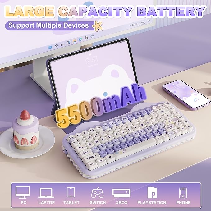 YUNZII C75 Wireless Mechanical Keyboard,75% Layout, Hot-Swappable NKRO,BT5.0/2.4G/USB-C Mode,Dye-Sub PBT MOA Keycaps,RGB Gasket Mount,Cute Cake Design for Mac/Win/Gaming (Purple, Milk V2 Switch)