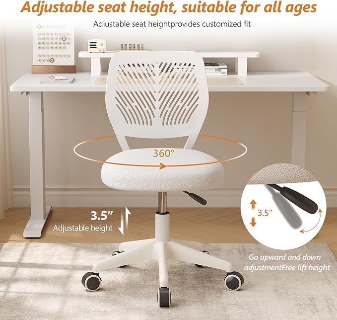 Armless Desk Chair, Height Adjustable Swivel Office Rolling Task Chairs with Soft Mesh Padded Cushion, Ergonomic Small Study Computer Chair for Girls Boys Teens (White, 4PCS)