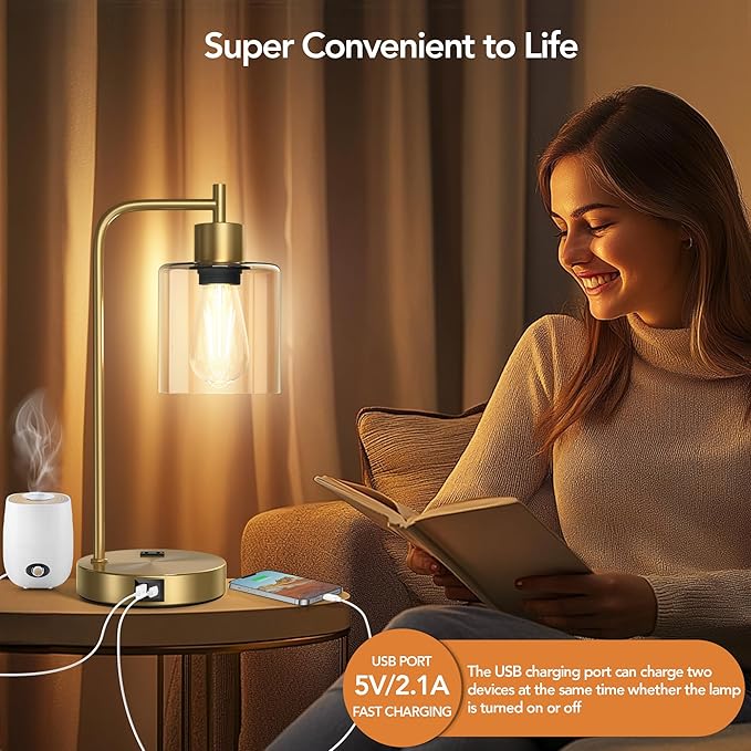 QiMH Set of 2 Industrial Touch Control Table Lamps with 2 USB Ports and 2 AC Outlets, 3-Way Dimmable Bedside Nightstand Reading Lamps with 2700K LED Bulbs, Glass Desk Lamp for Living Room,Bedroom