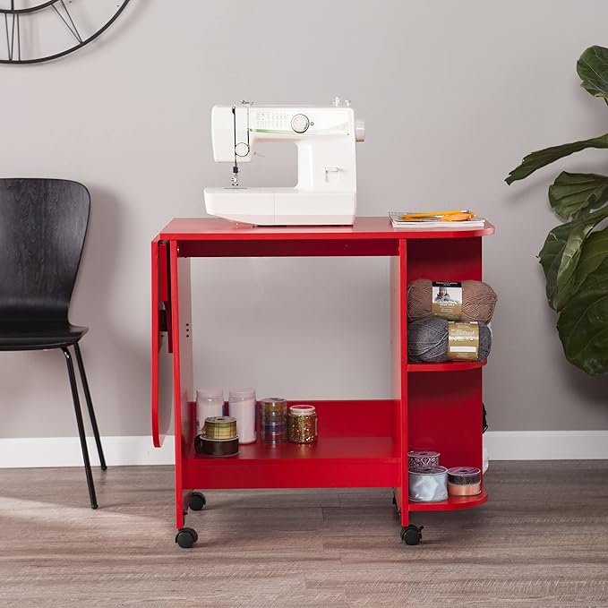 SEI FURNITURE Southern Enterprises Expandable Rolling Sewing Station Craft Table, Red