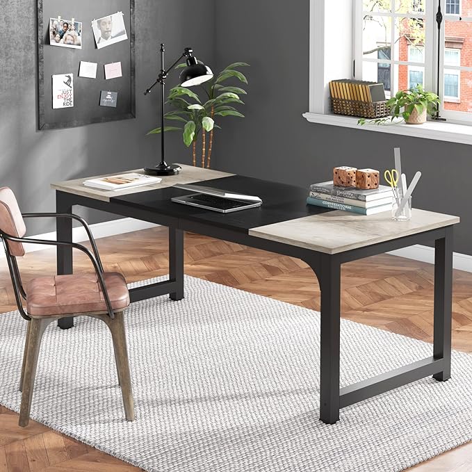 Tribesigns Modern Computer Desk, 70.8 x 31.5 inch Large Office Desk Computer Table Study Writing Desk Workstation for Home Office, Black Metal Frame, Grey Oak