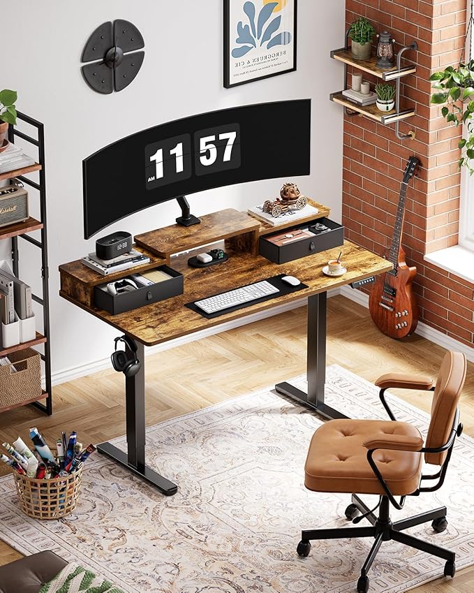 Marsail Electric Standing Desk with Drawers, 55″ x 28″ Height Adjustable Sit Stand Up Desk with Storage Shelf, Ergonomic Home Office & Computer Table with 4 Memory Heights, Rustic Brown