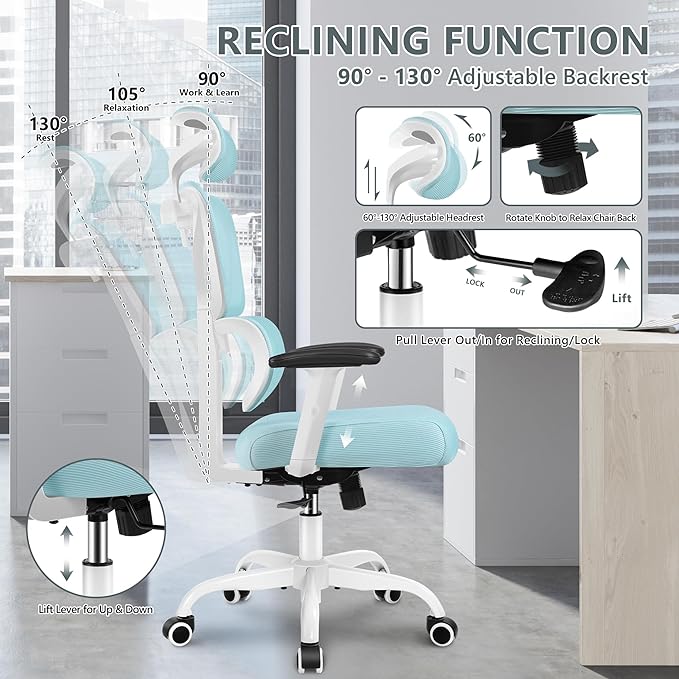 Winrise Big & Tall Ergonomic Reclining Desk Chair - High Back Gaming Chair With Breathable Mesh Seat, Lumbar Support, Adjustable Armrests (Blue)